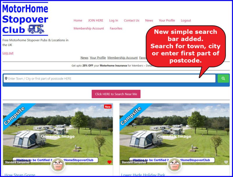 Motorhome Stopover Simple Search Bar Added
